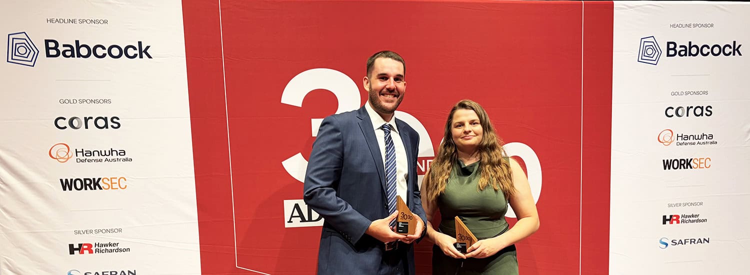 ADM 30 Under 30 Luis Buchanan and Imogen Larcombe with awards